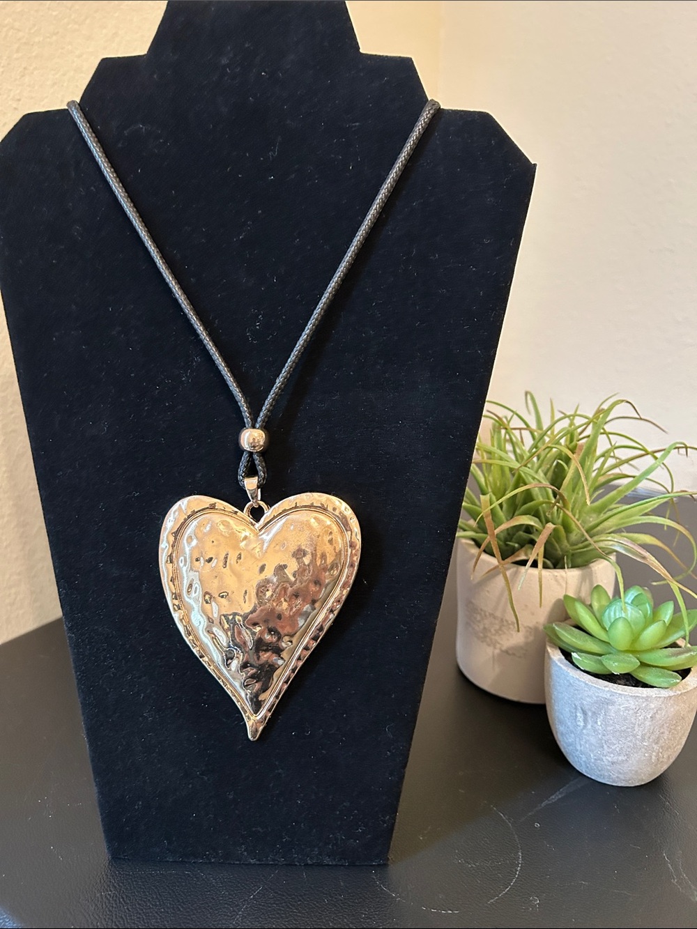 Gold Heart Pendant Statement Necklace on a Black Cord
